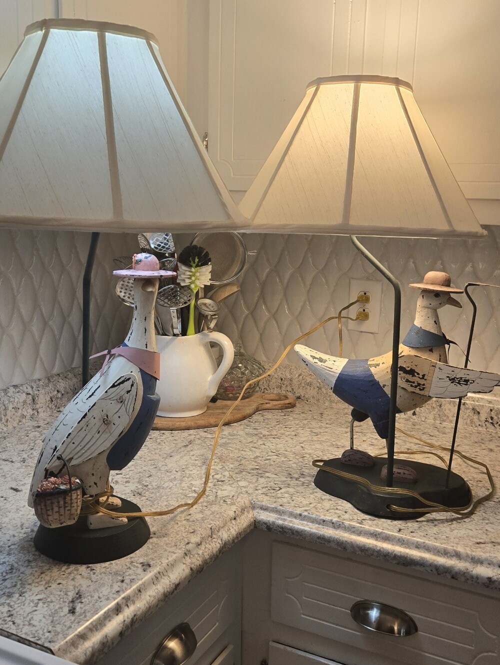Vintage Decorative Blue & White Duck Table Lamp - Home Accent- Folk Art Wood